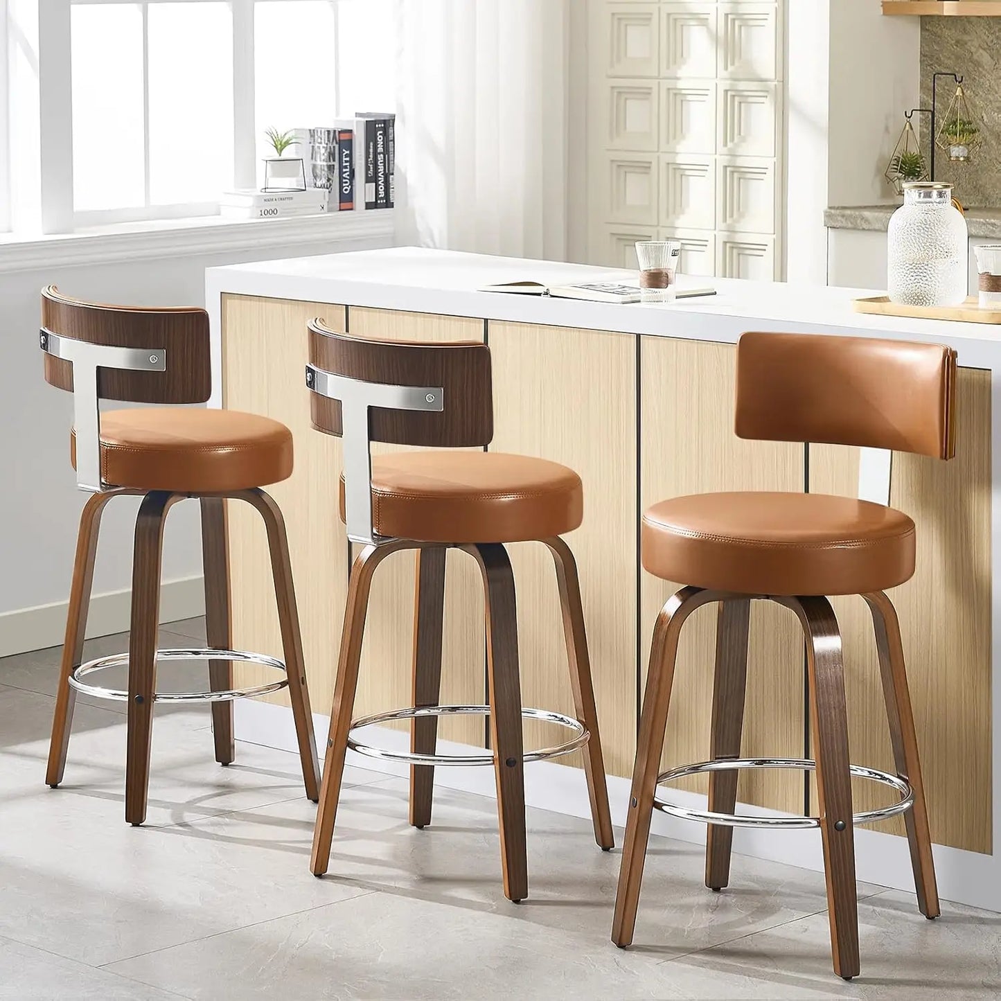 Swivel Counter Stool Set of 3 Faux Leather With Back Walnut Wood Legs