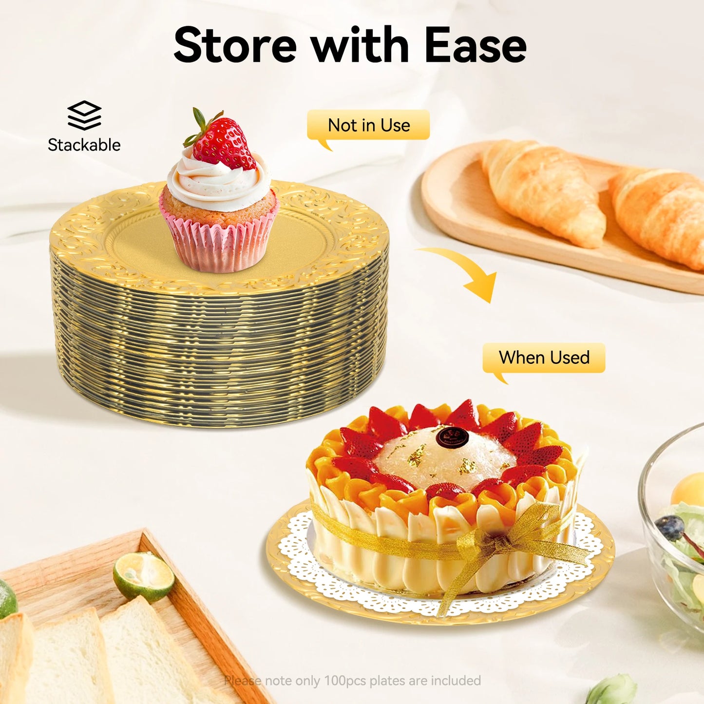 Gold Charger Plates Set 100 Pack Embossed Round Disposable Trays