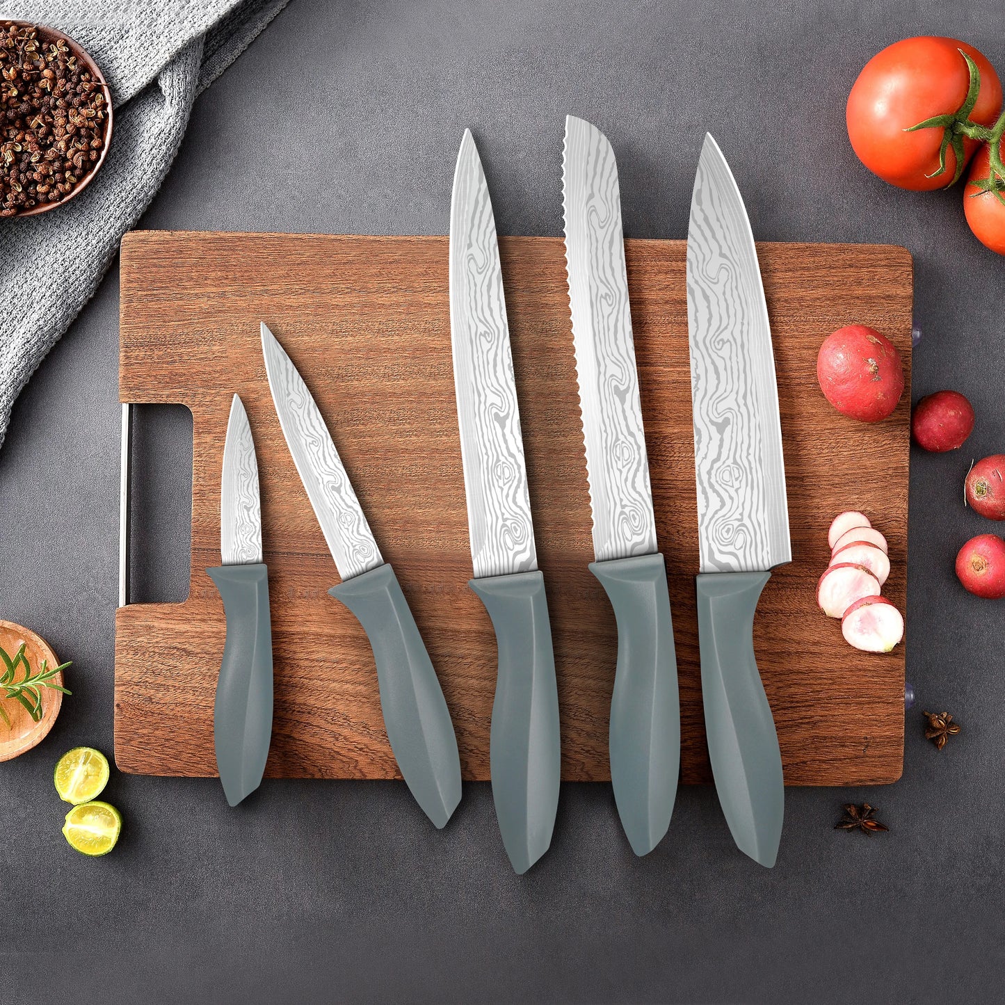 Damascus Pattern Stainless Steel Kitchen Knife Set With Universal Block