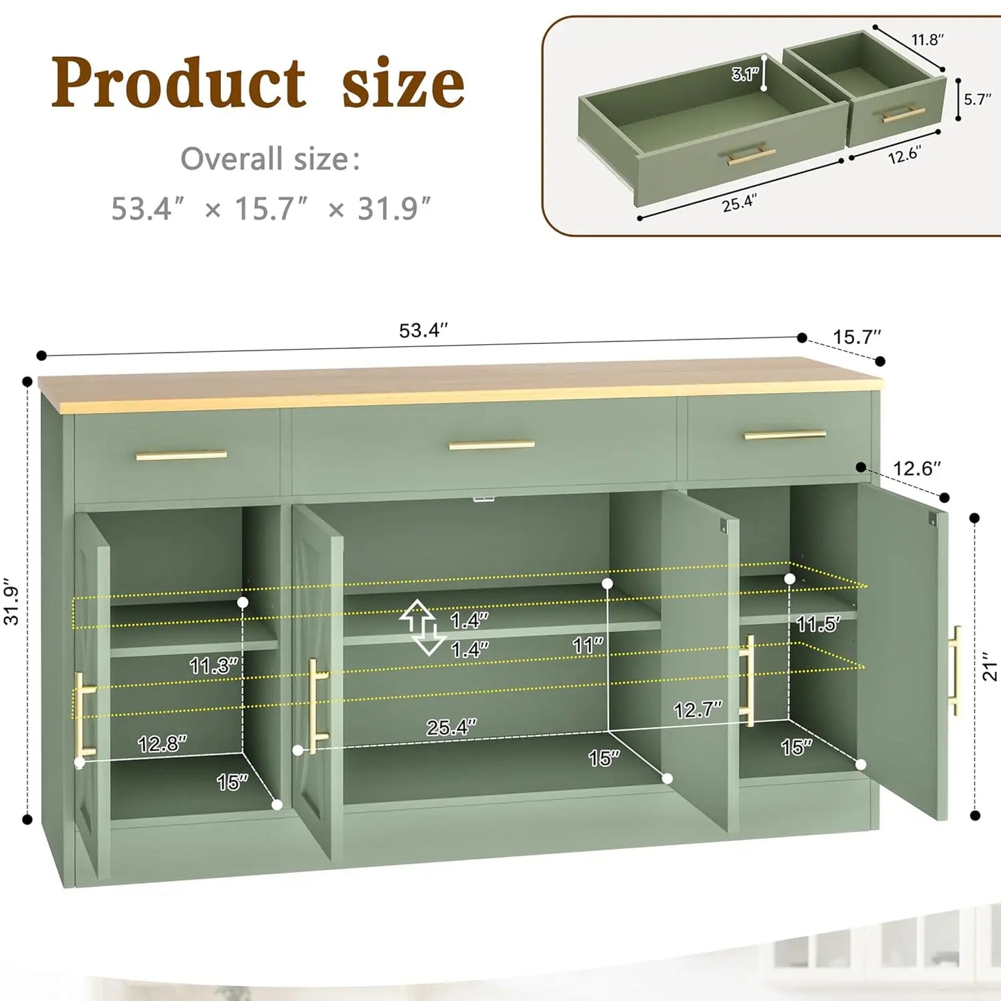 Buffet Cabinet Storage Sideboard With Adjustable Shelves And Drawers