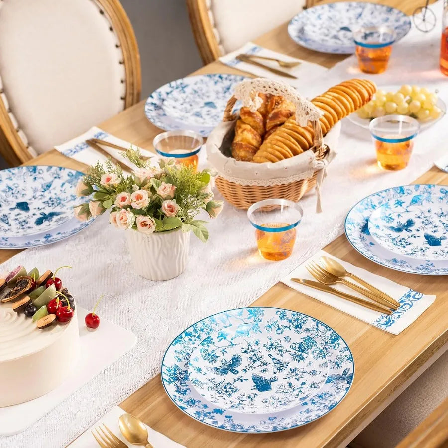 Floral Plastic Disposable Plates Set For 25 Guests Dessert Tray