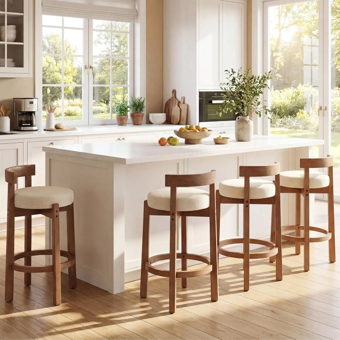 Bar Stools Set of 4 Linen Upholstered Wood Leg Stools