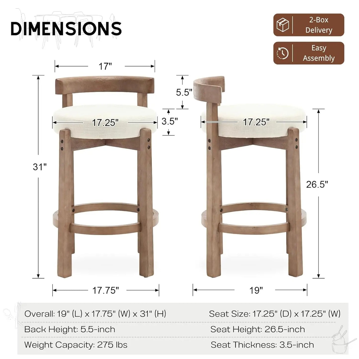 Bar Stools Set of 4 Linen Upholstered Wood Leg Stools