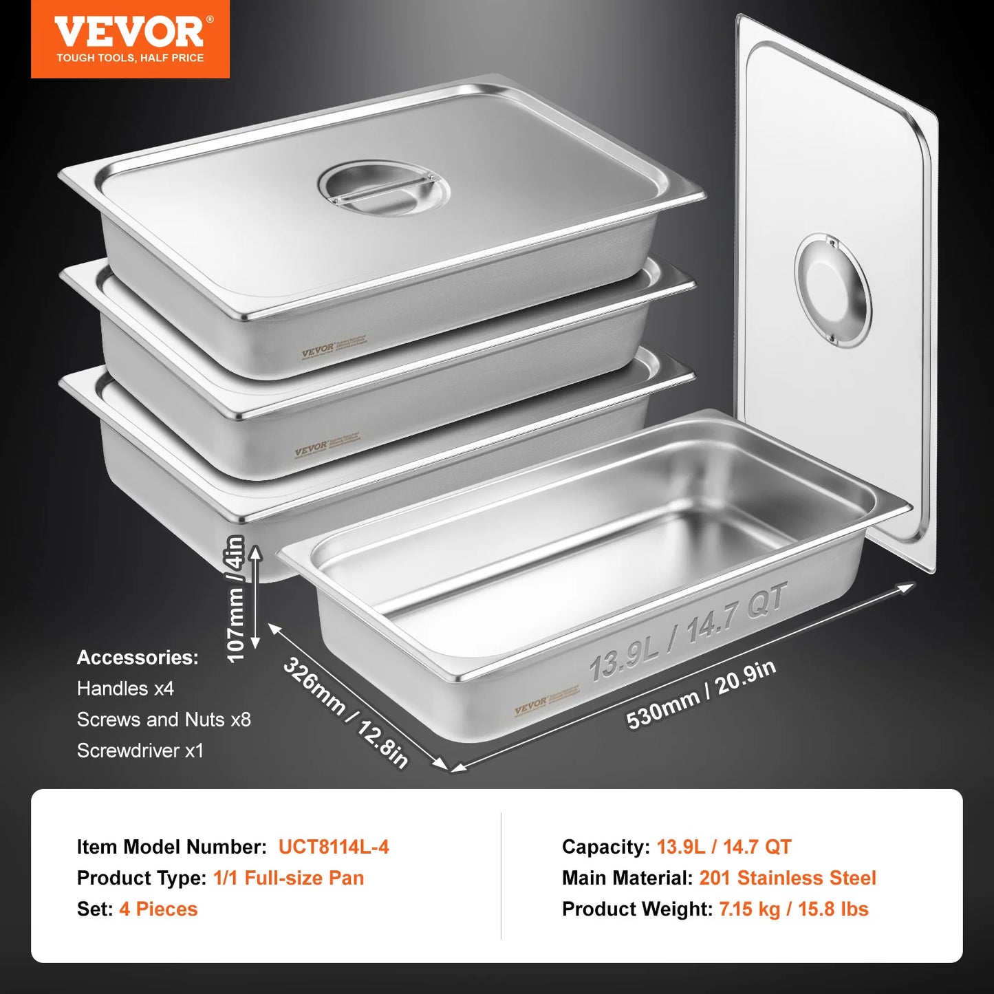 SucceBuy 4-Pack Hotel Pans Anti-Jam Steam Pan With Lid