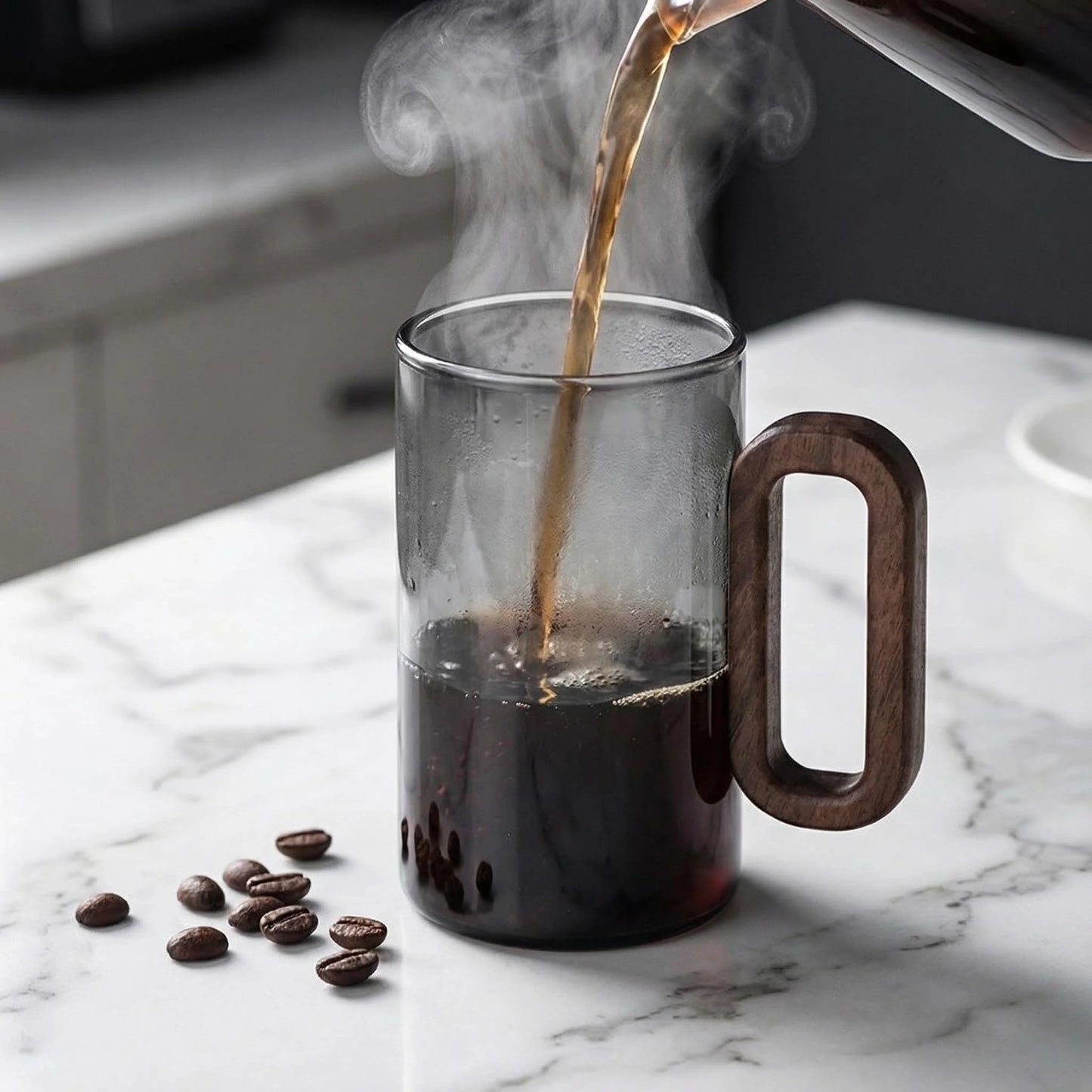 Borosilicate Glass Coffee Mug With Walnut Handle Dishwasher Safe