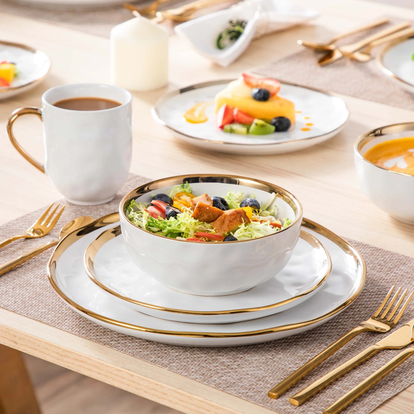 MALACASA White Handmade Dinnerware Set With Gold Trim Stoneware