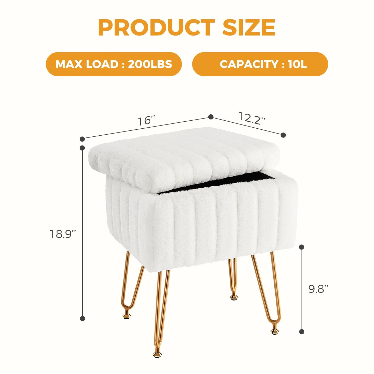 JHK Faux Fur Hidden Storage Ottoman With Padded Metal Feet