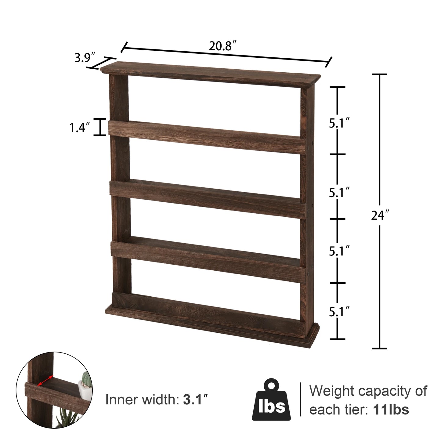 Rustic Torched Wood Wall Mounted 4 Tier Spice Rack Organizer
