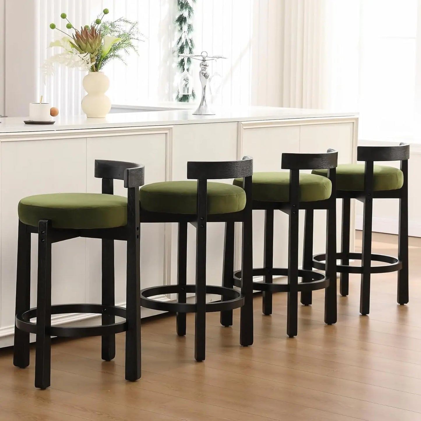 Bar Stools Set of 4 Linen Upholstered Wood Leg Stools