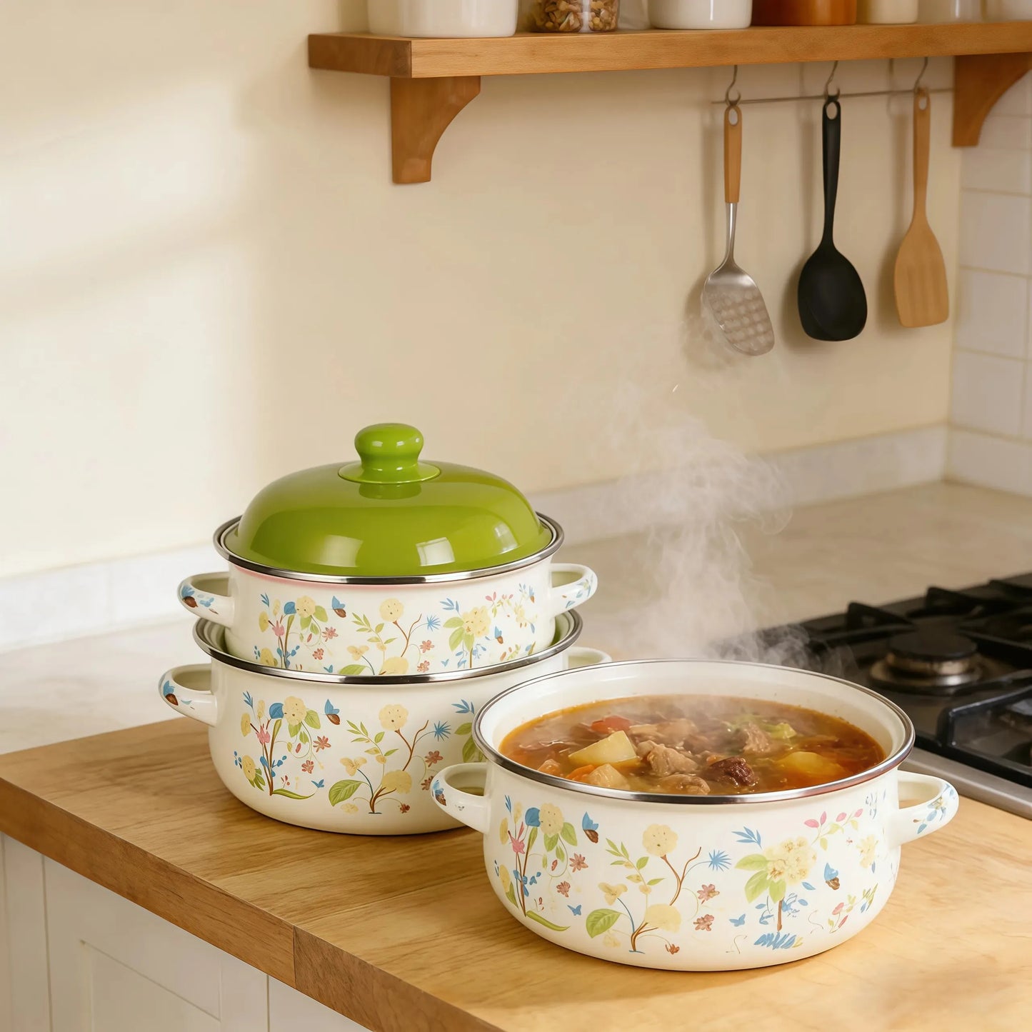 Vintage Enamel Stock Pot Set With Lids 3 Piece Cookware