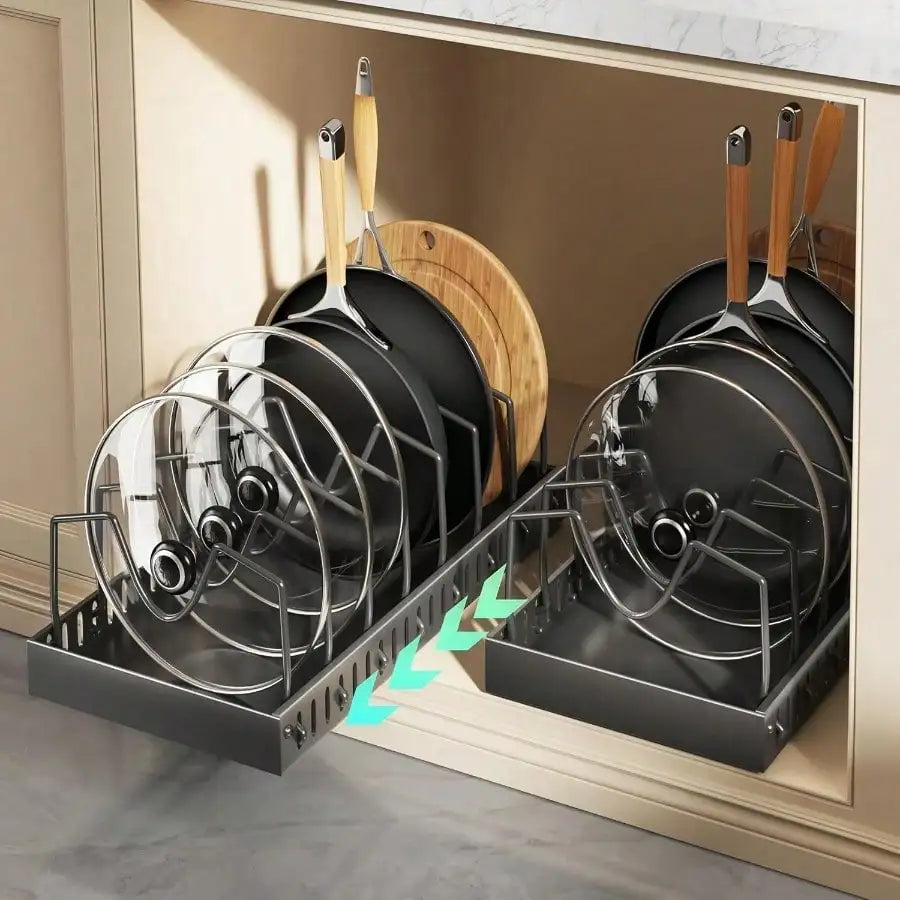 Pull Out Pot And Pan Organizer With 10 Adjustable Dividers