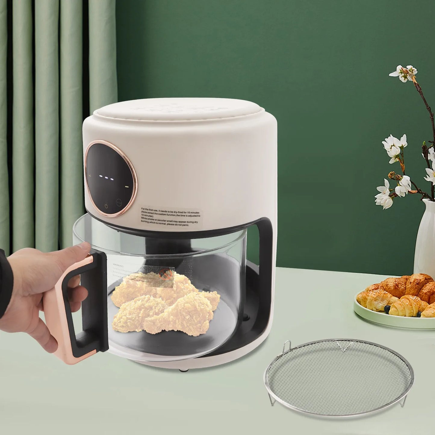 Cylinder Air Fryer 360 Degree View Glass Kitchen Appliance