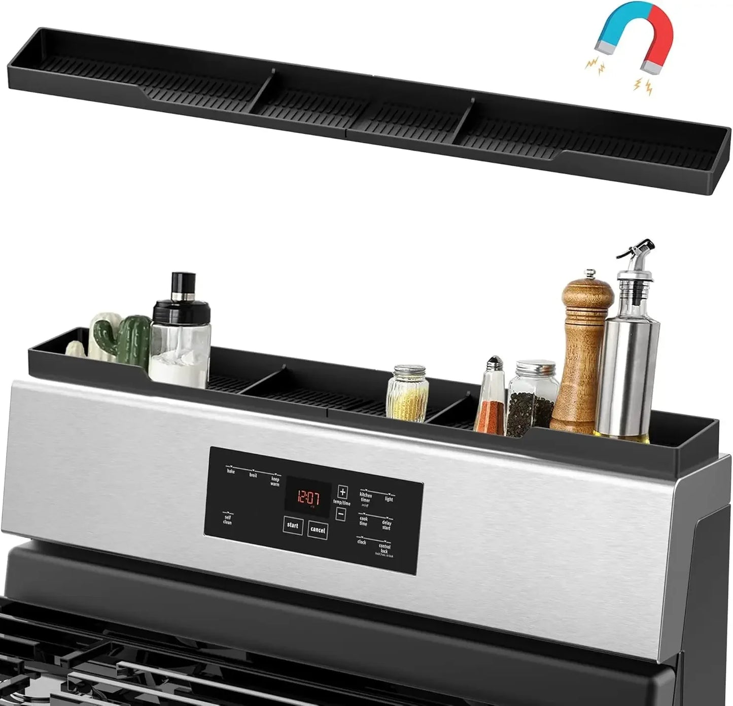 Stove Top Silicone Magnetic Spice Rack Shelf With Three Compartments