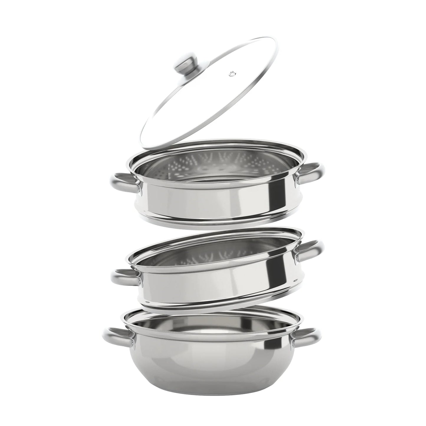 Stainless Steel 3-Tier Steamer Pot With Glass Lid Vegetables Seafood