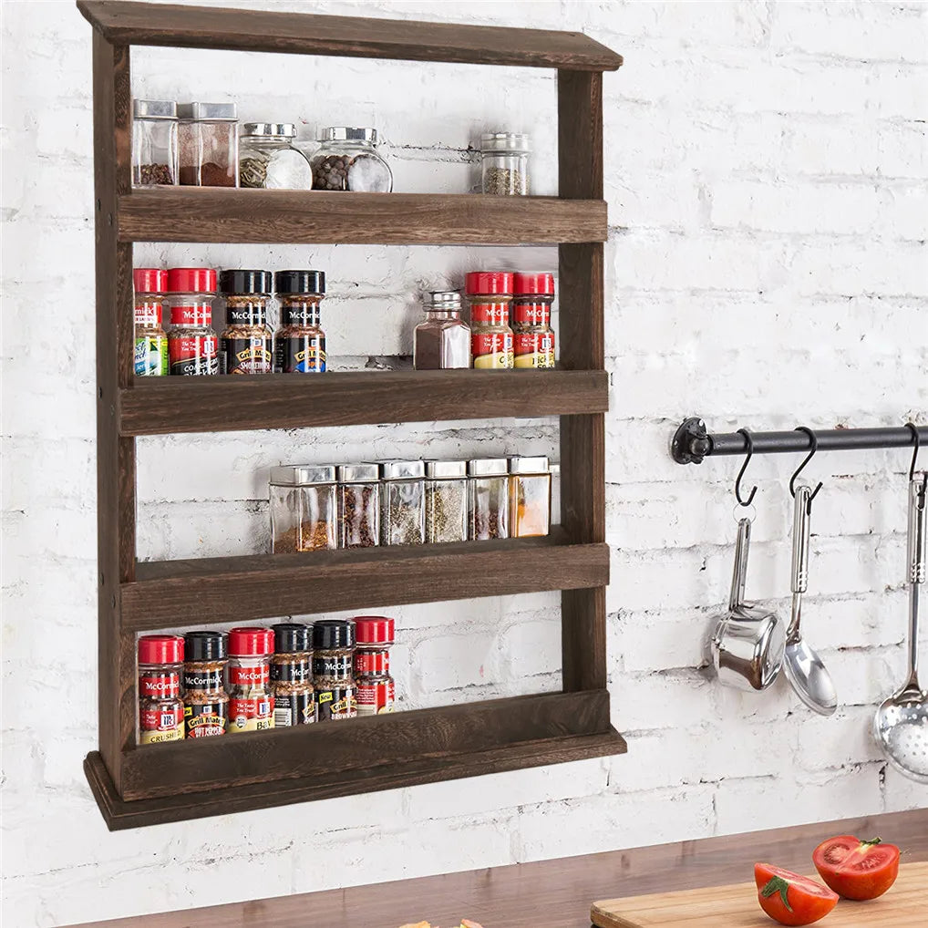 Rustic Torched Wood Wall Mounted 4 Tier Spice Rack Organizer
