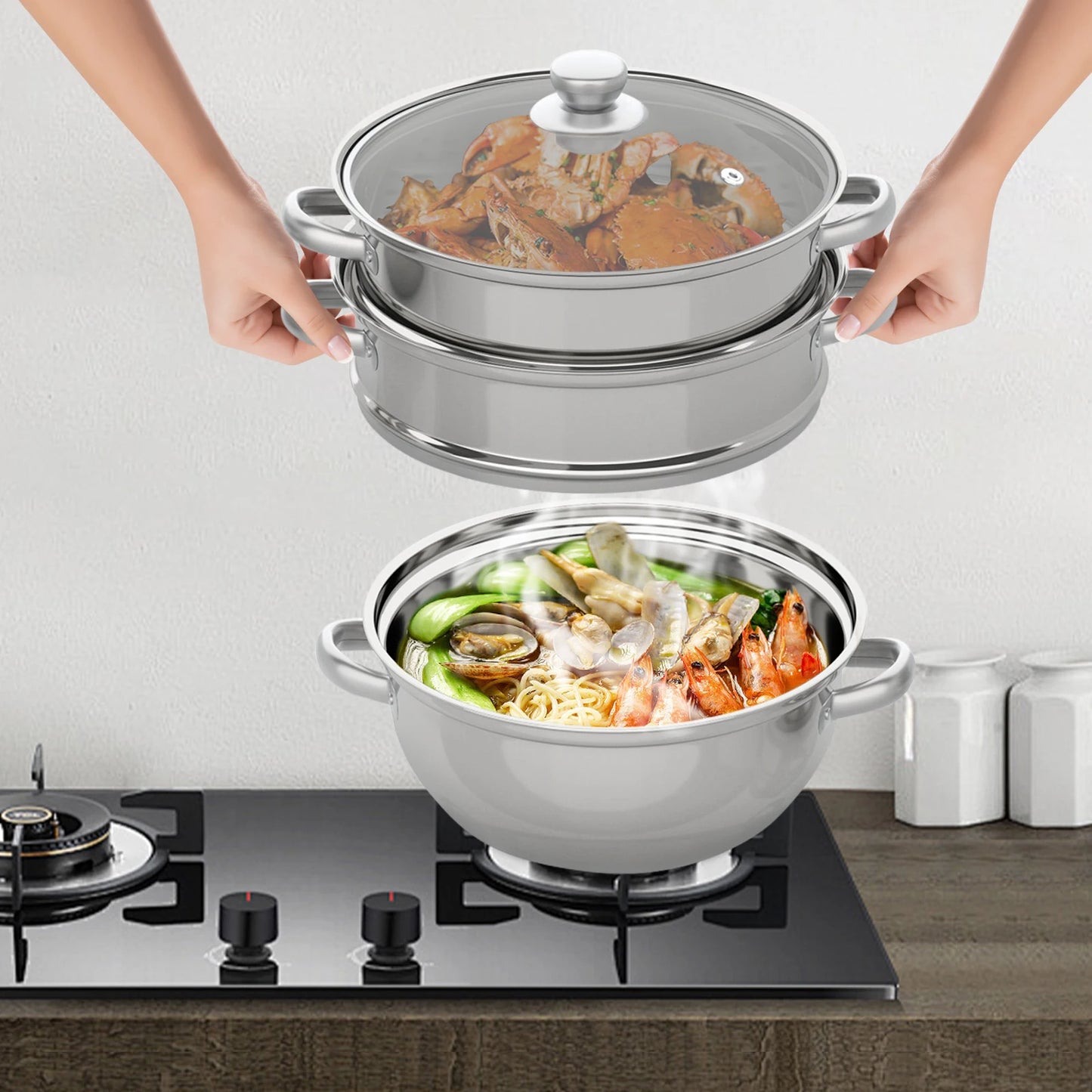 Stainless Steel 3-Tier Steamer Pot With Glass Lid Vegetables Seafood