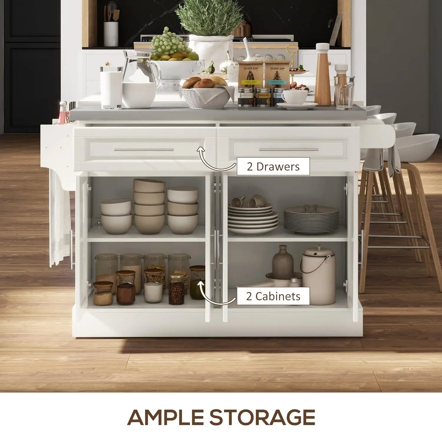 Rolling Kitchen Cart With Stainless Steel Top And Shelves