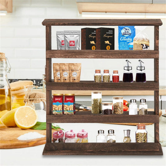 Rustic Torched Wood Wall Mounted 4 Tier Spice Rack Organizer