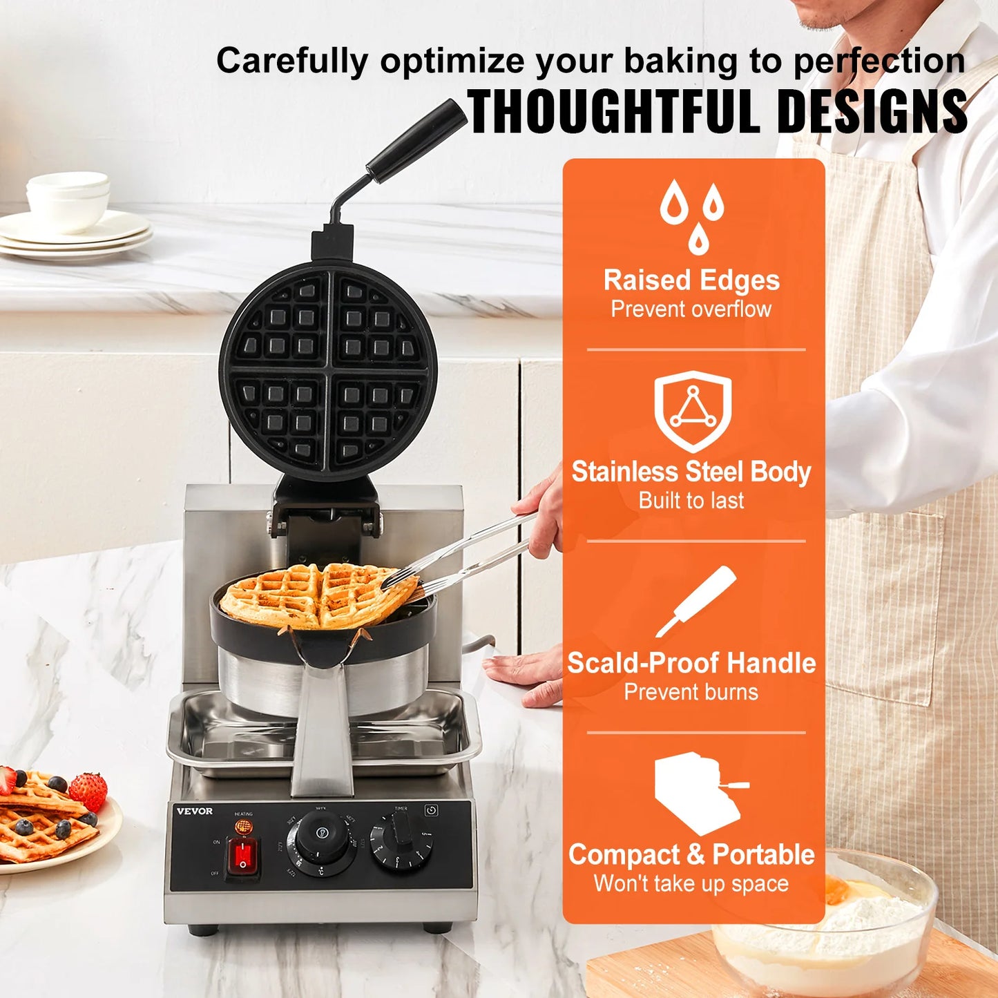 VEVOR Electric Waffle Maker Stainless Steel Nonstick