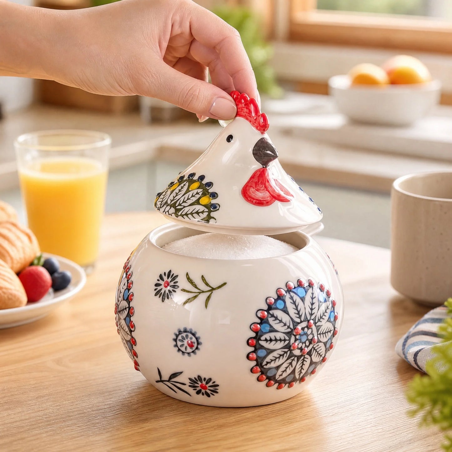 Ceramic Salt Cellar With Lid And Spoon, Floral Farmhouse Jar