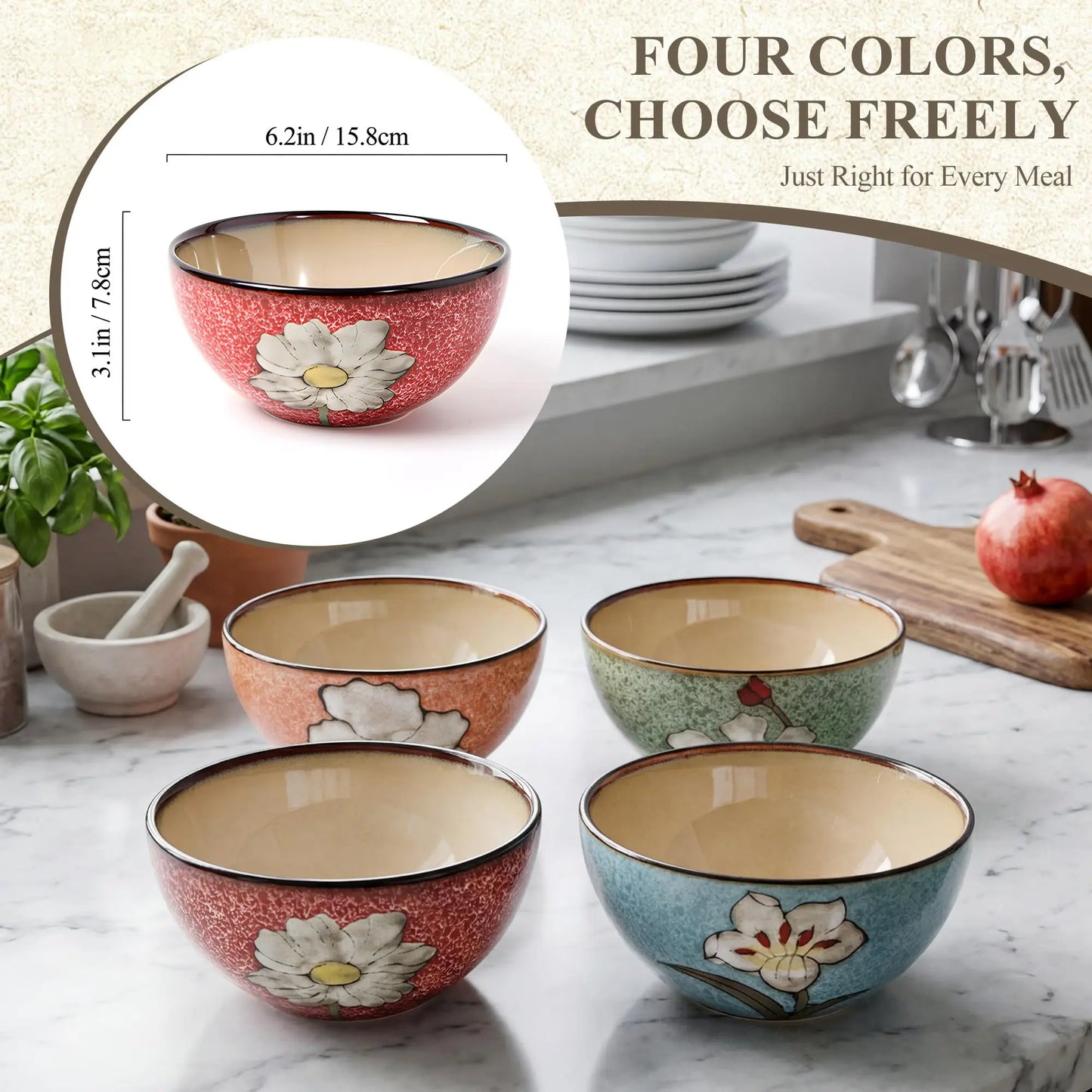 Hand Painted Underglaze Ceramic Cereal Bowls With Floral Pattern
