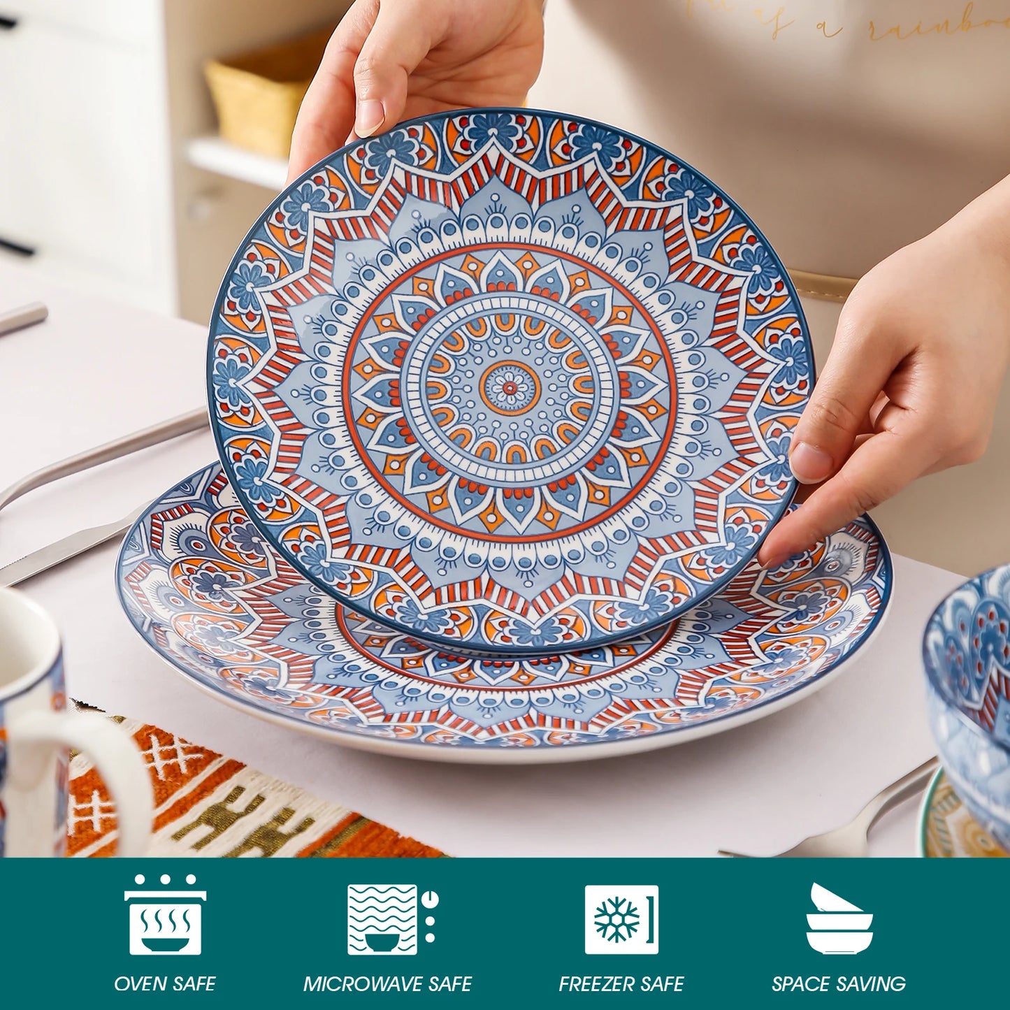 MALACASA Bohemian Mandala Pattern Porcelain Dinnerware Set 16 32 48 Pieces