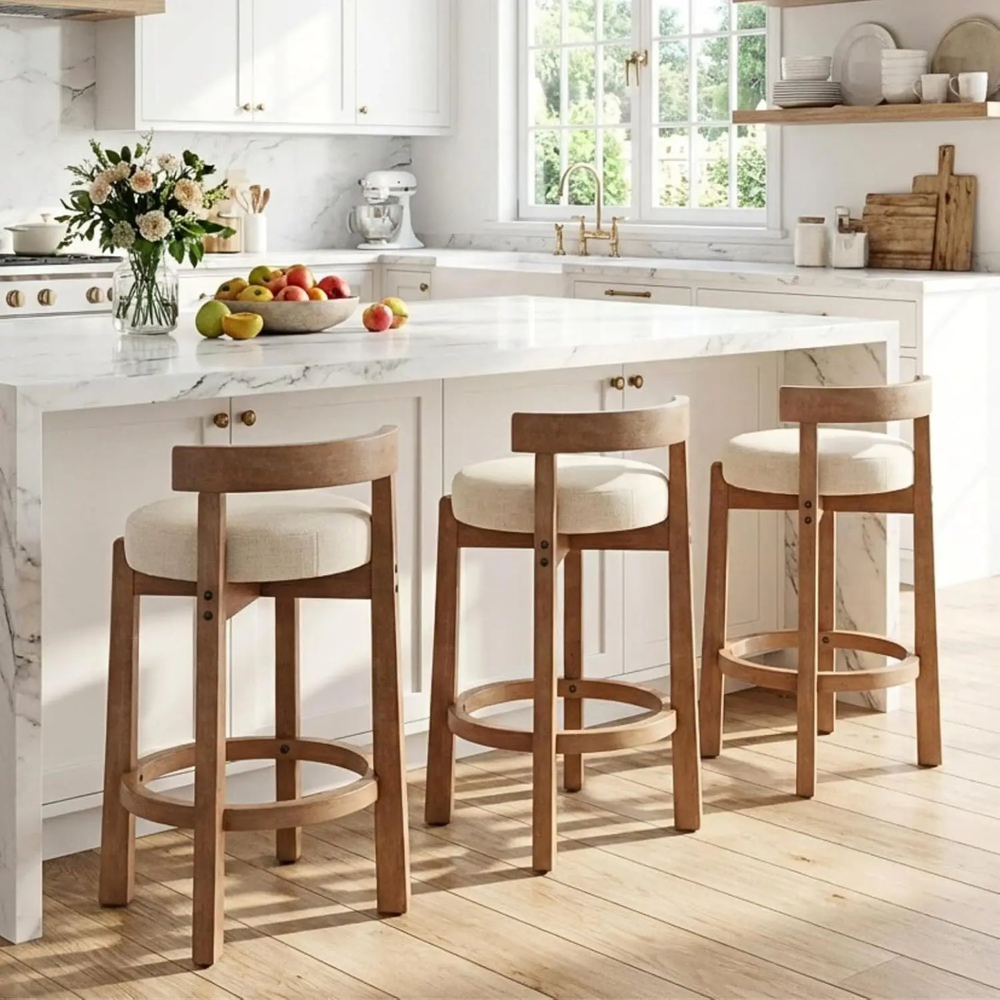 Bar Stools Set of 4 Linen Upholstered Wood Leg Stools