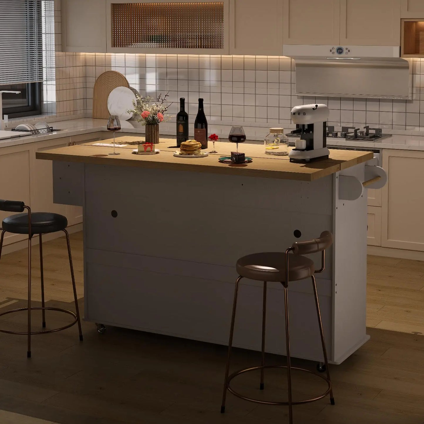 ONBRILL Mobile Kitchen Island With Power Outlet Spice Rack Storage