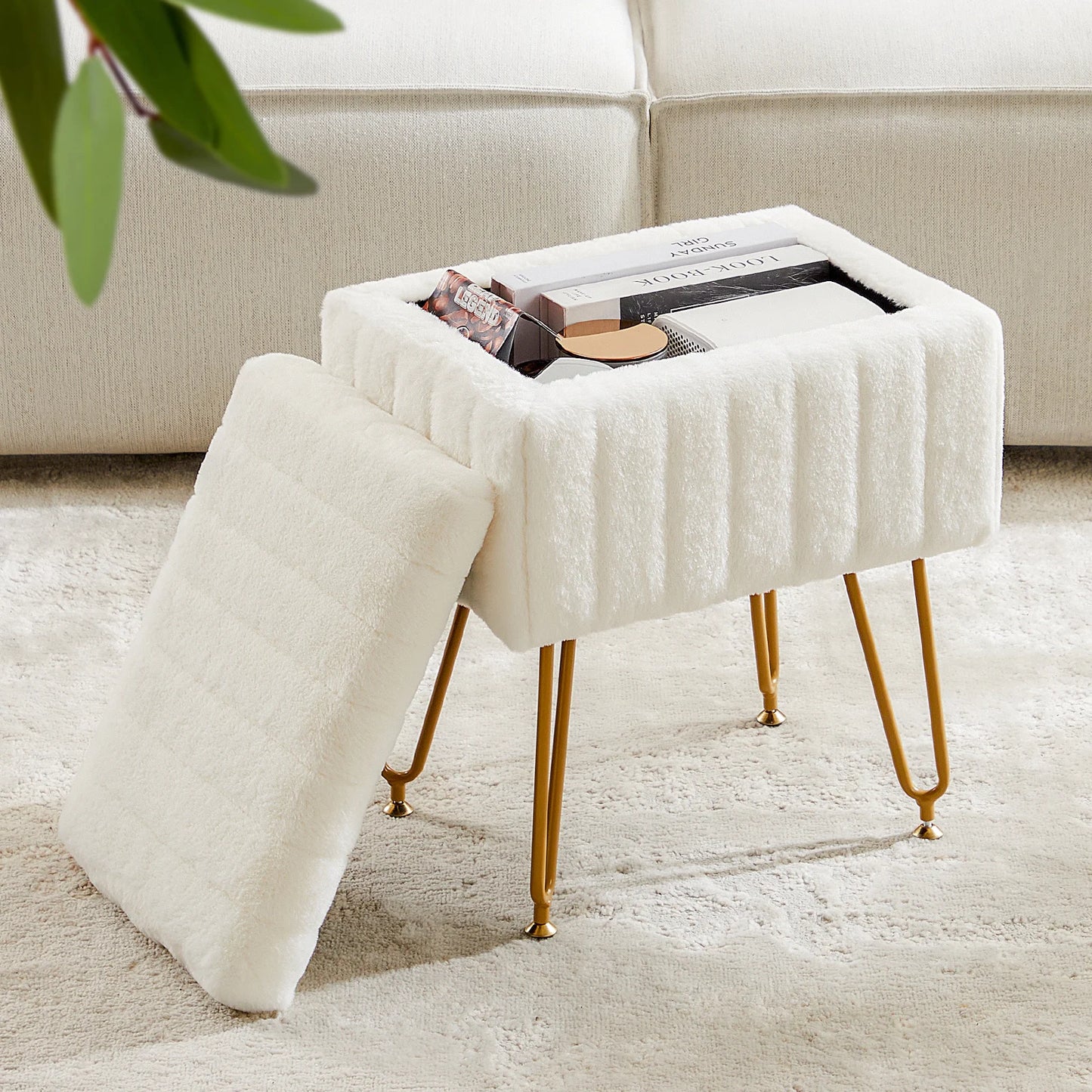 JHK Faux Fur Hidden Storage Ottoman With Padded Metal Feet