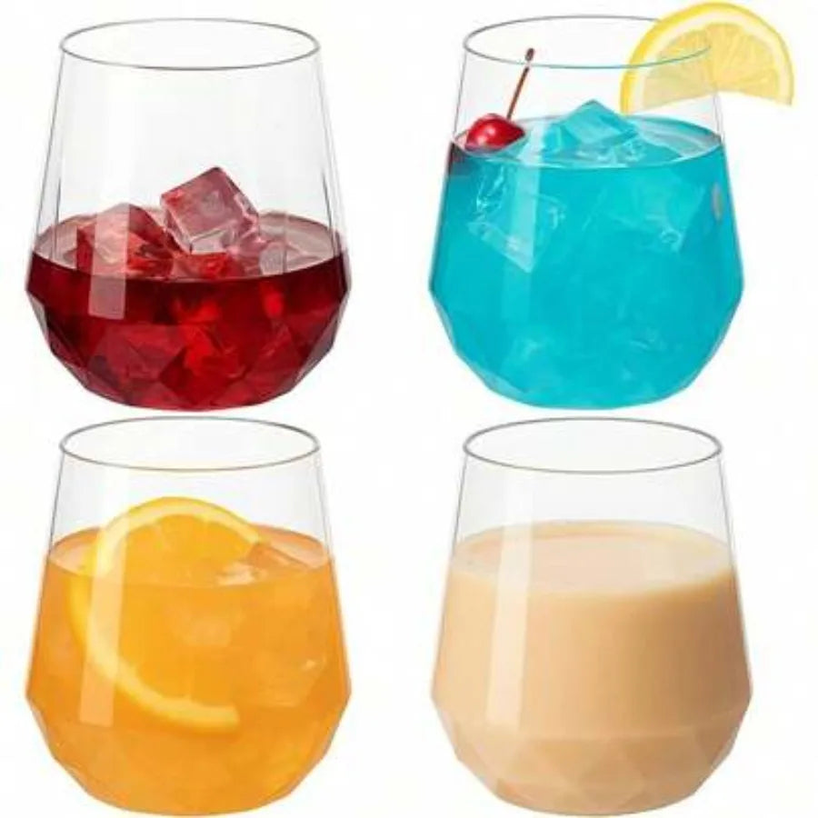 Diamond Unbreakable Stemless Plastic Wine Glasses Disposable 40 Count