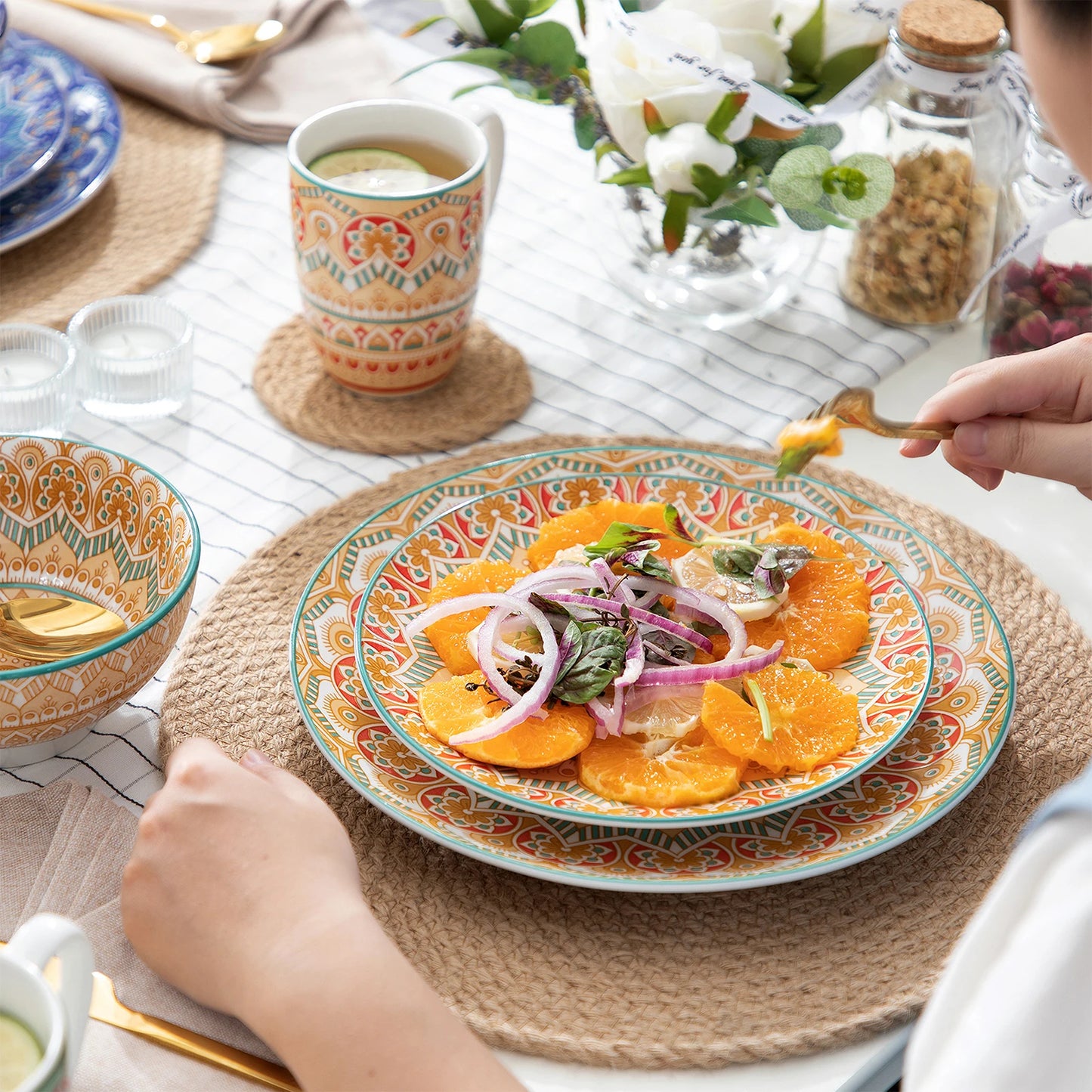 MALACASA Bohemian Mandala Pattern Porcelain Dinnerware Set 16 32 48 Pieces
