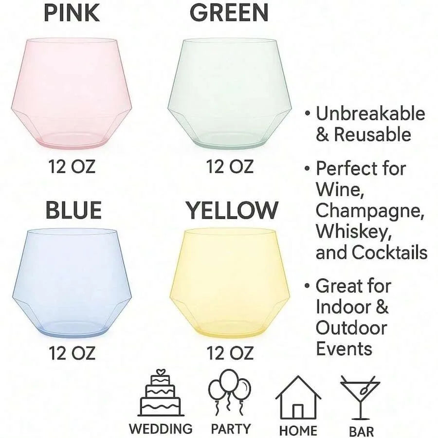 Diamond Unbreakable Stemless Plastic Wine Glasses Disposable 40 Count