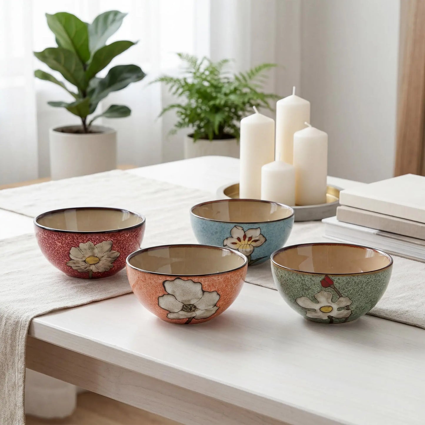 Hand Painted Underglaze Ceramic Cereal Bowls With Floral Pattern