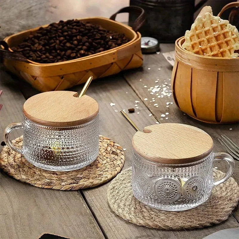 Glass Coffee Cups Set With Wooden Lids For Cappuccino Latte