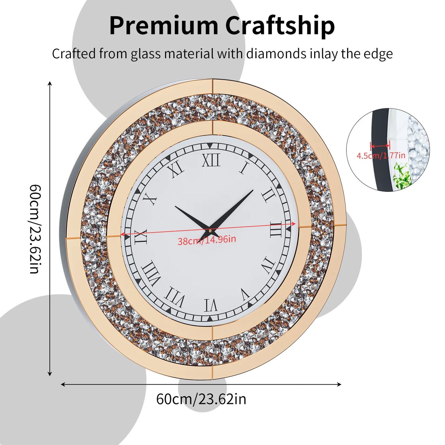 Round Mirror Clock With Crystal Sparkle For Wall Decor