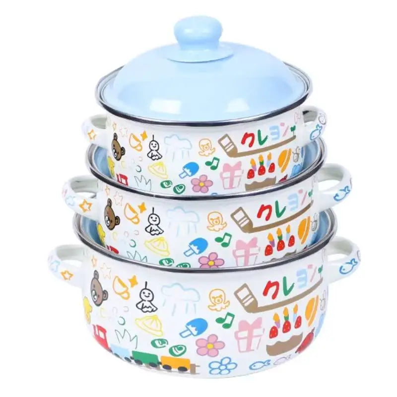 Vintage Enamel Stock Pot Set With Lids 3 Piece Cookware
