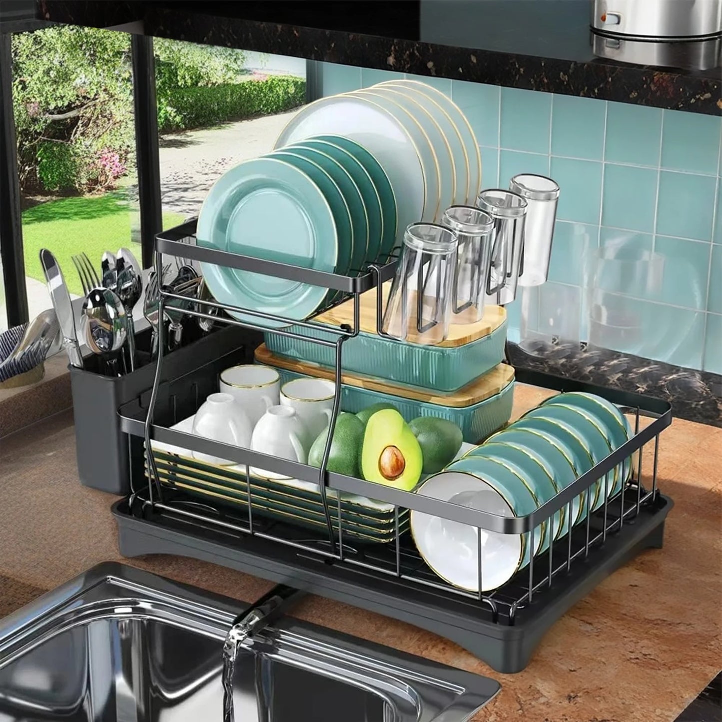 Two-Tier Dish Rack For Kitchen Countertop With Removable Draining Tray