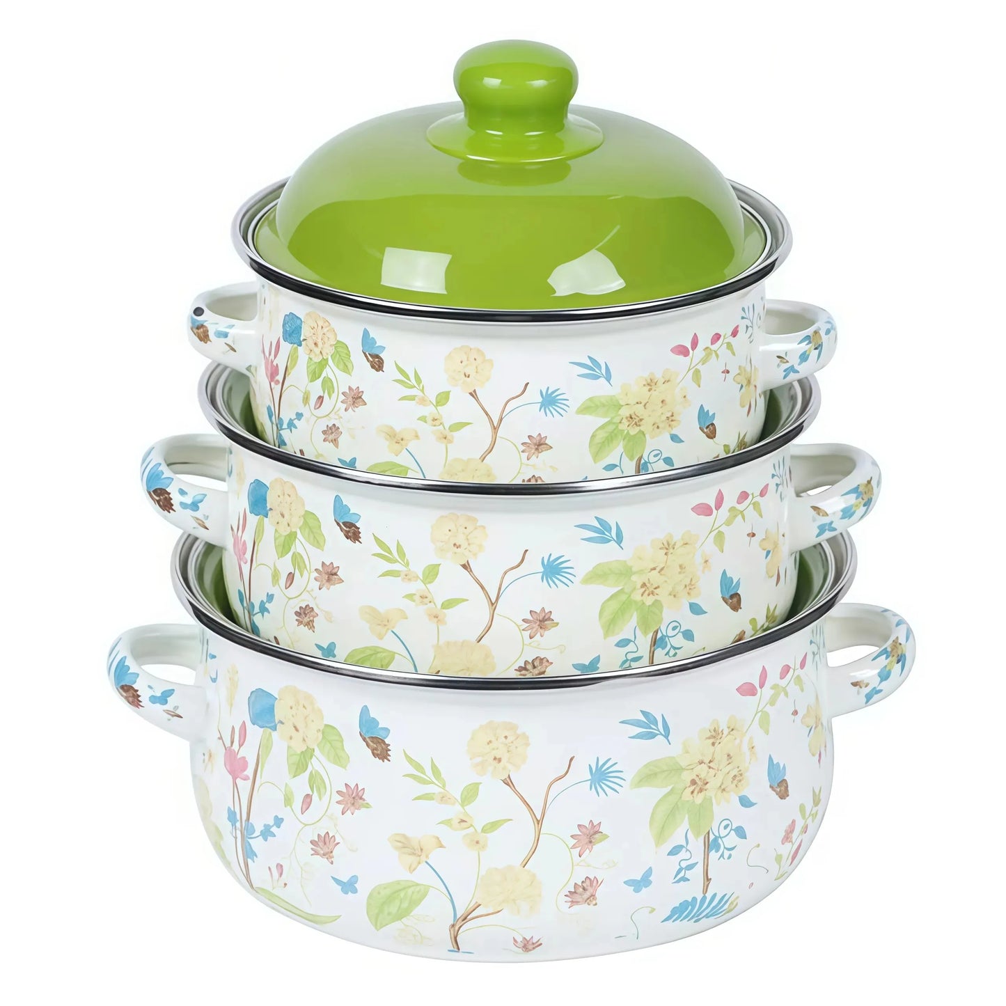 Vintage Enamel Stock Pot Set With Lids 3 Piece Cookware