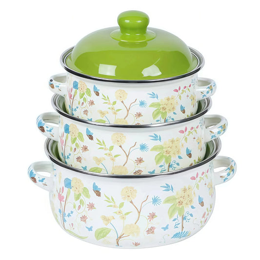 Vintage Enamel Stock Pot Set With Lids 3 Piece Cookware
