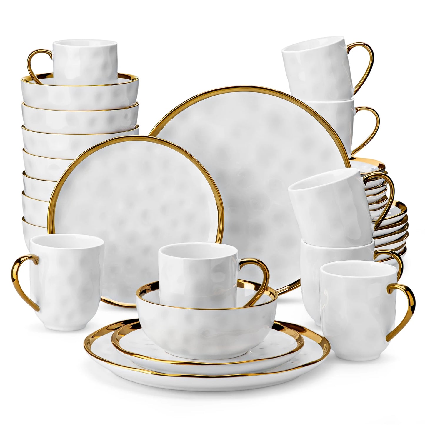 MALACASA White Handmade Dinnerware Set With Gold Trim Stoneware