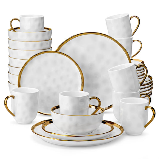MALACASA White Handmade Dinnerware Set With Gold Trim Stoneware