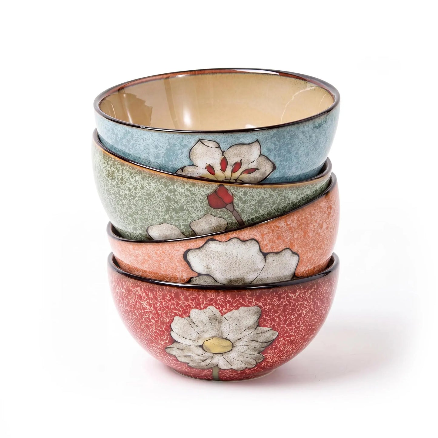 Hand Painted Underglaze Ceramic Cereal Bowls With Floral Pattern