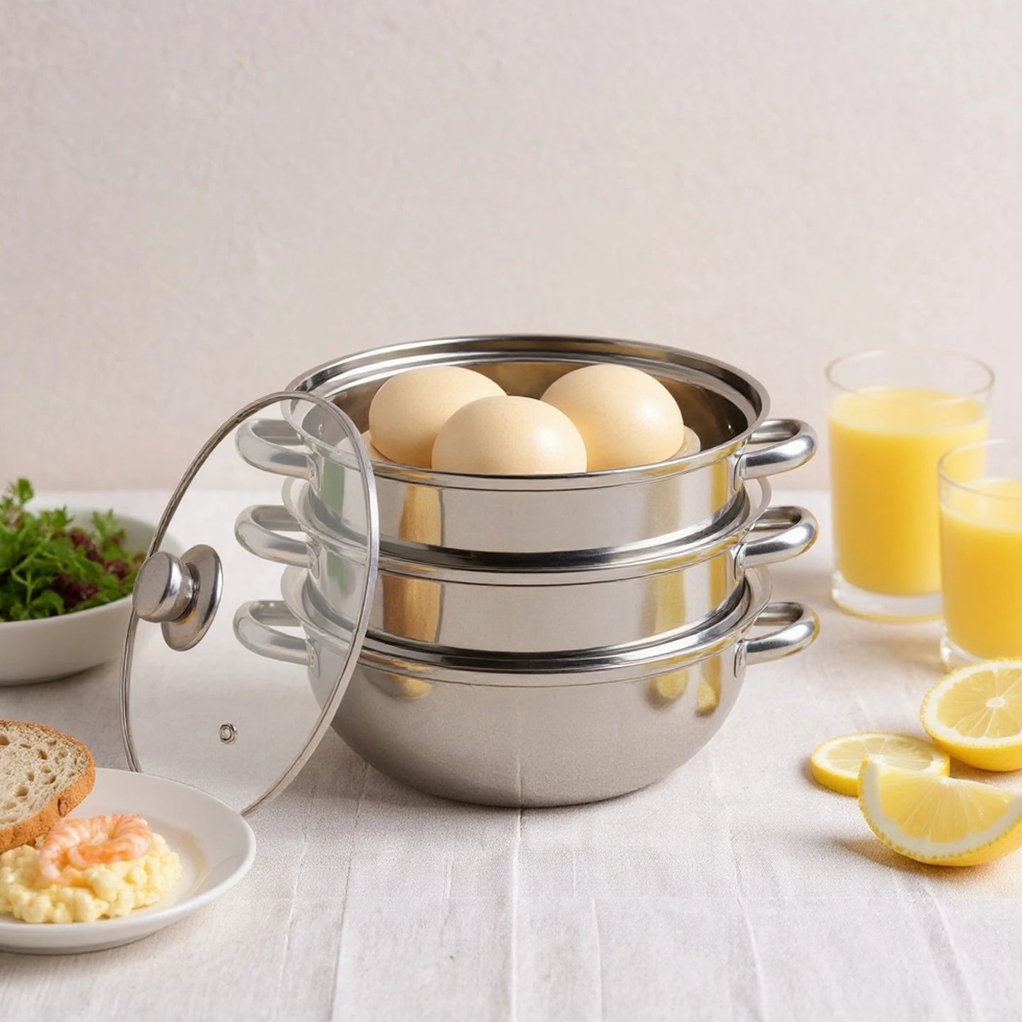 Stainless Steel 3-Tier Steamer Pot With Glass Lid Vegetables Seafood