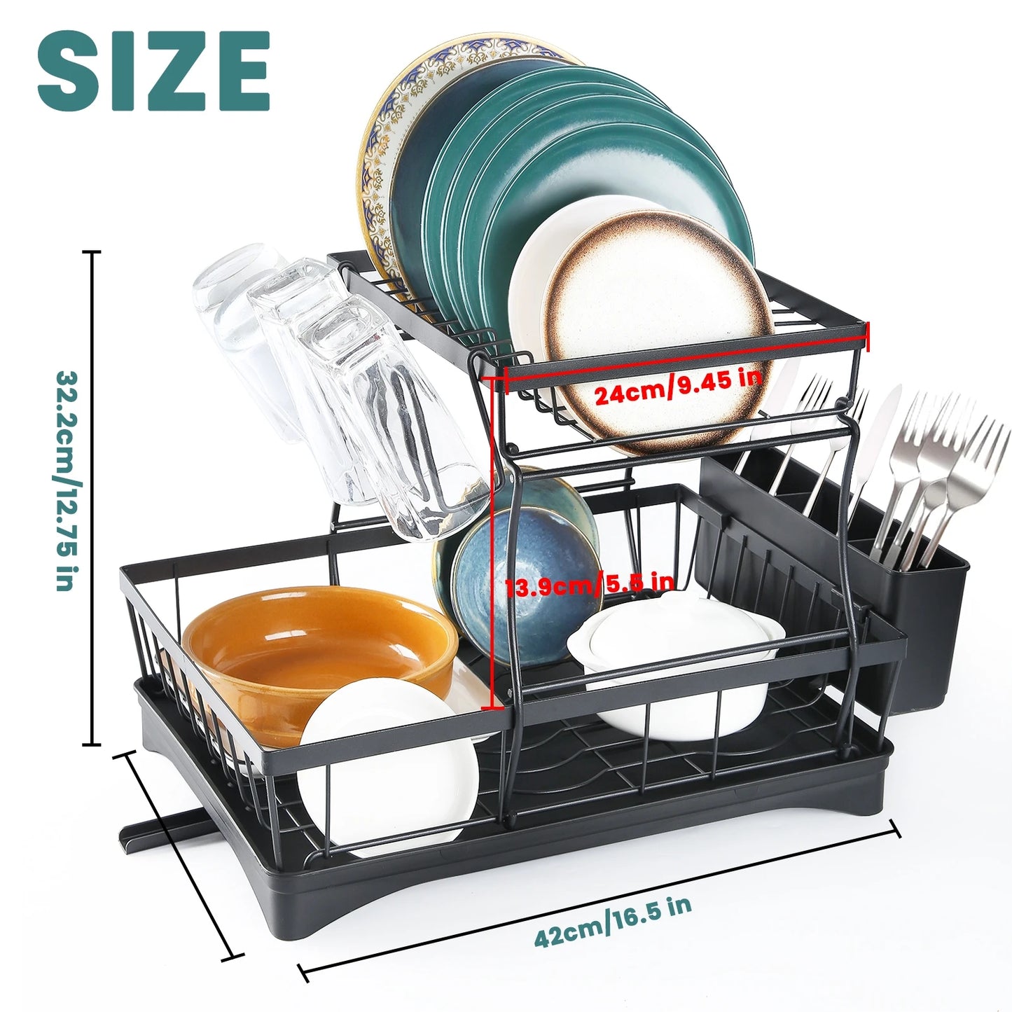 Two-Tier Dish Rack For Kitchen Countertop With Removable Draining Tray