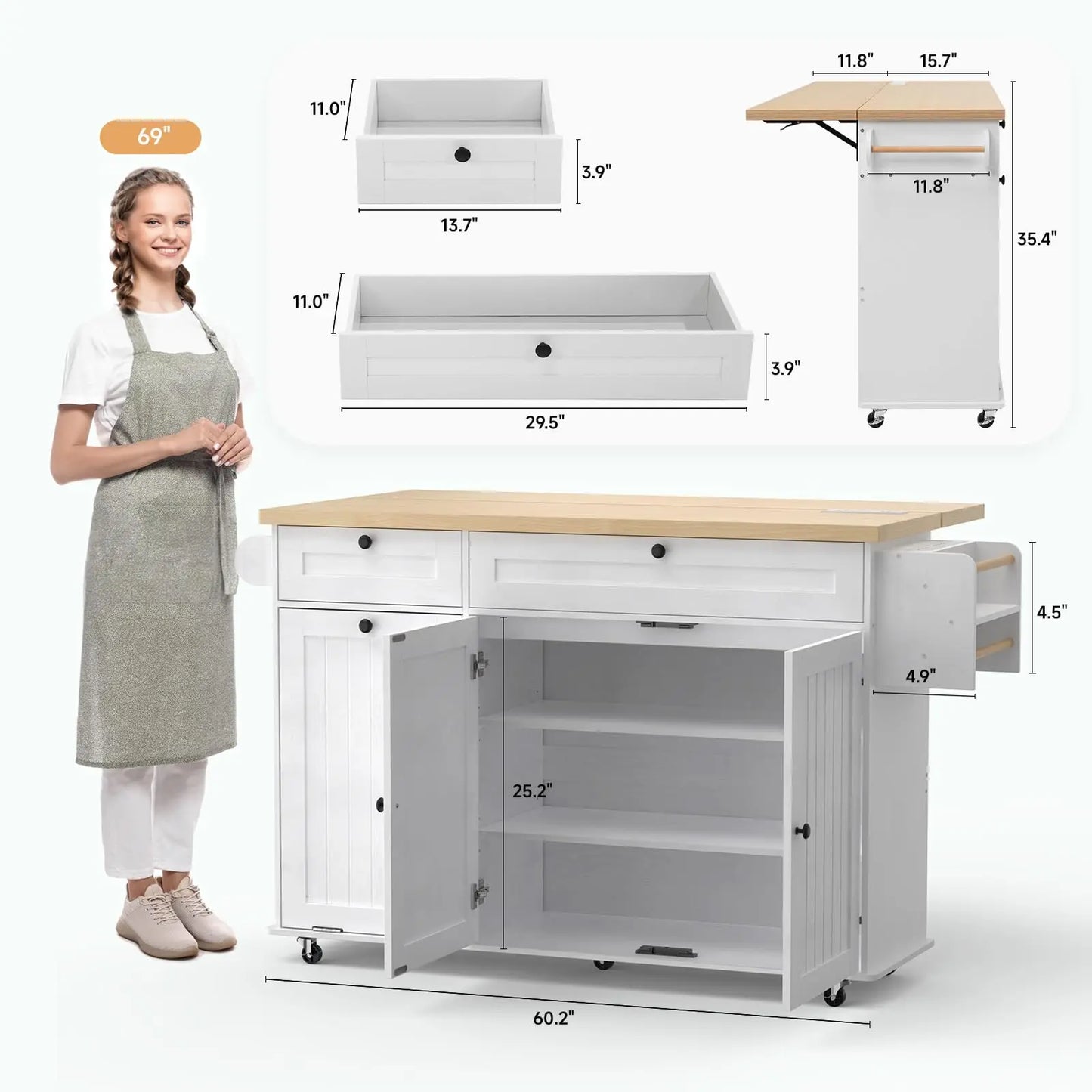ONBRILL Mobile Kitchen Island With Power Outlet Spice Rack Storage