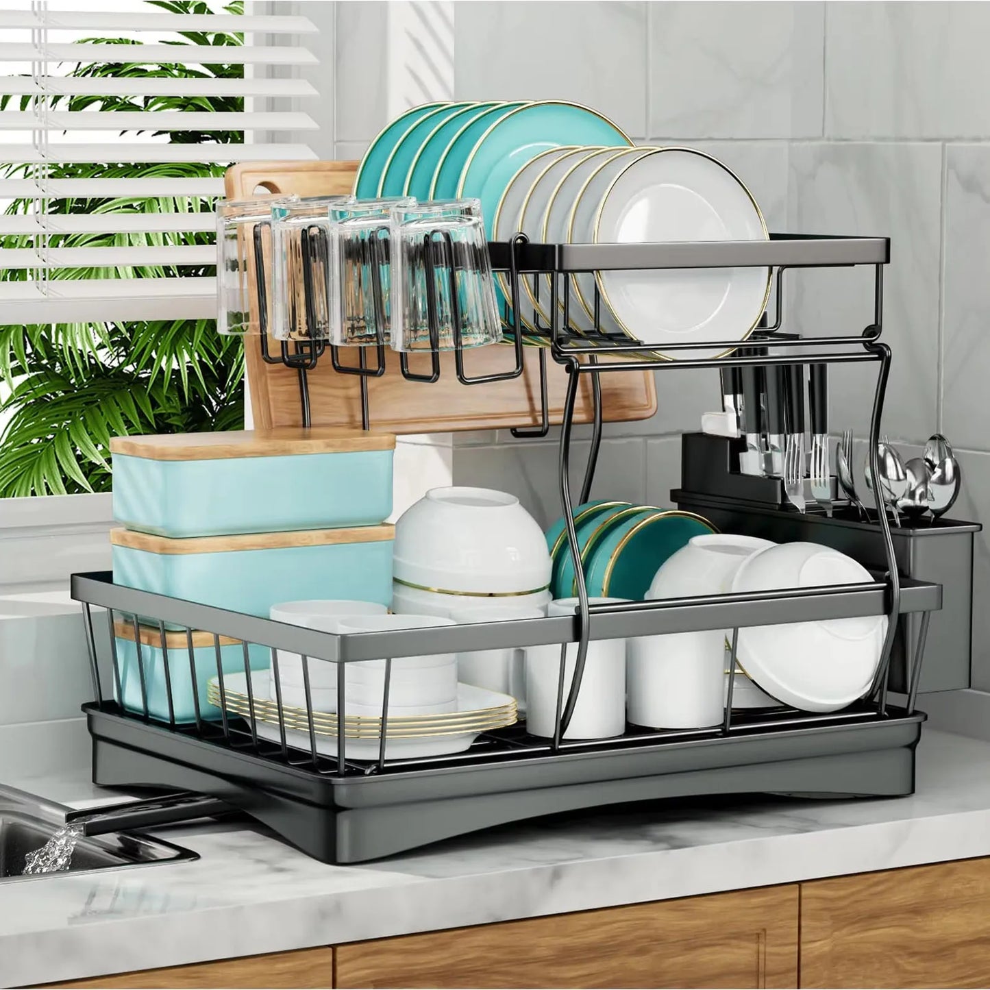 Two-Tier Dish Rack For Kitchen Countertop With Removable Draining Tray