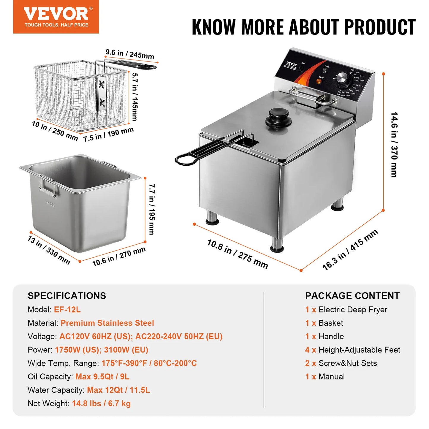 VEVOR Commercial Deep Fryer Countertop Electric With Time Temp Control