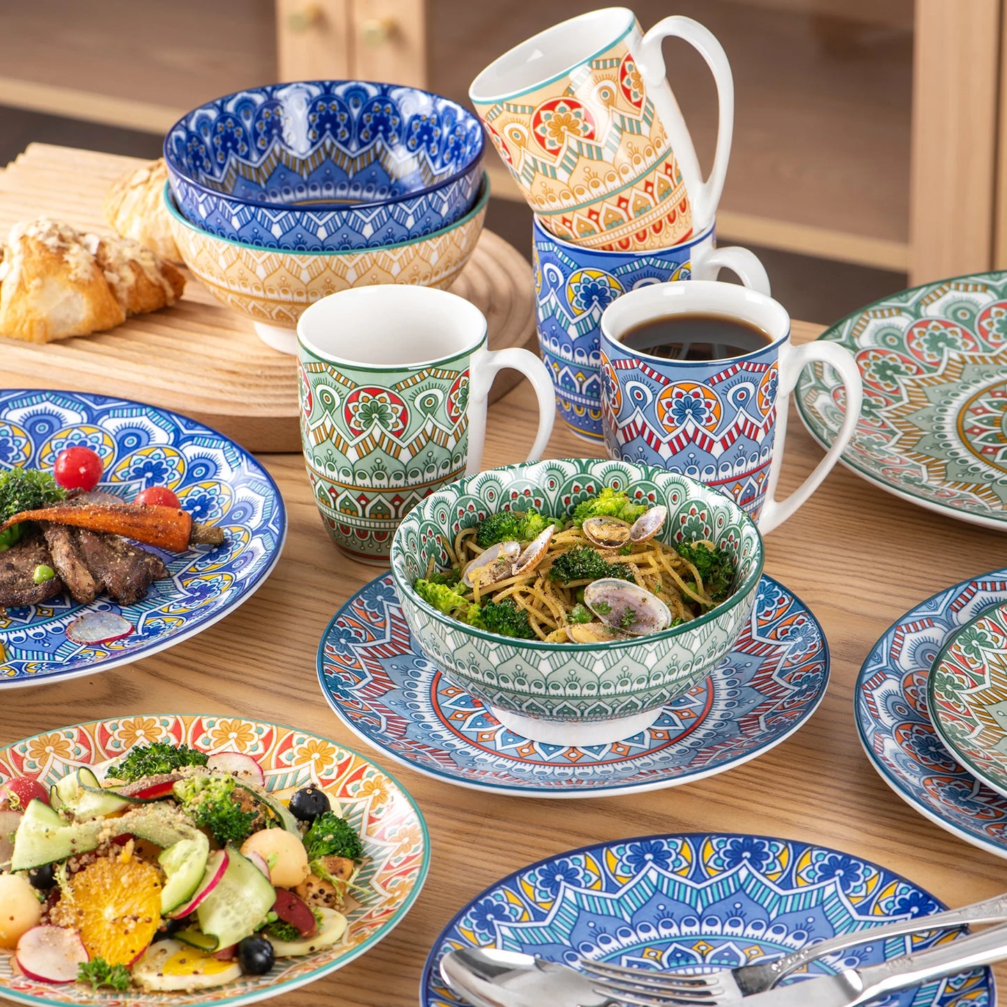 MALACASA Bohemian Mandala Pattern Porcelain Dinnerware Set 16 32 48 Pieces