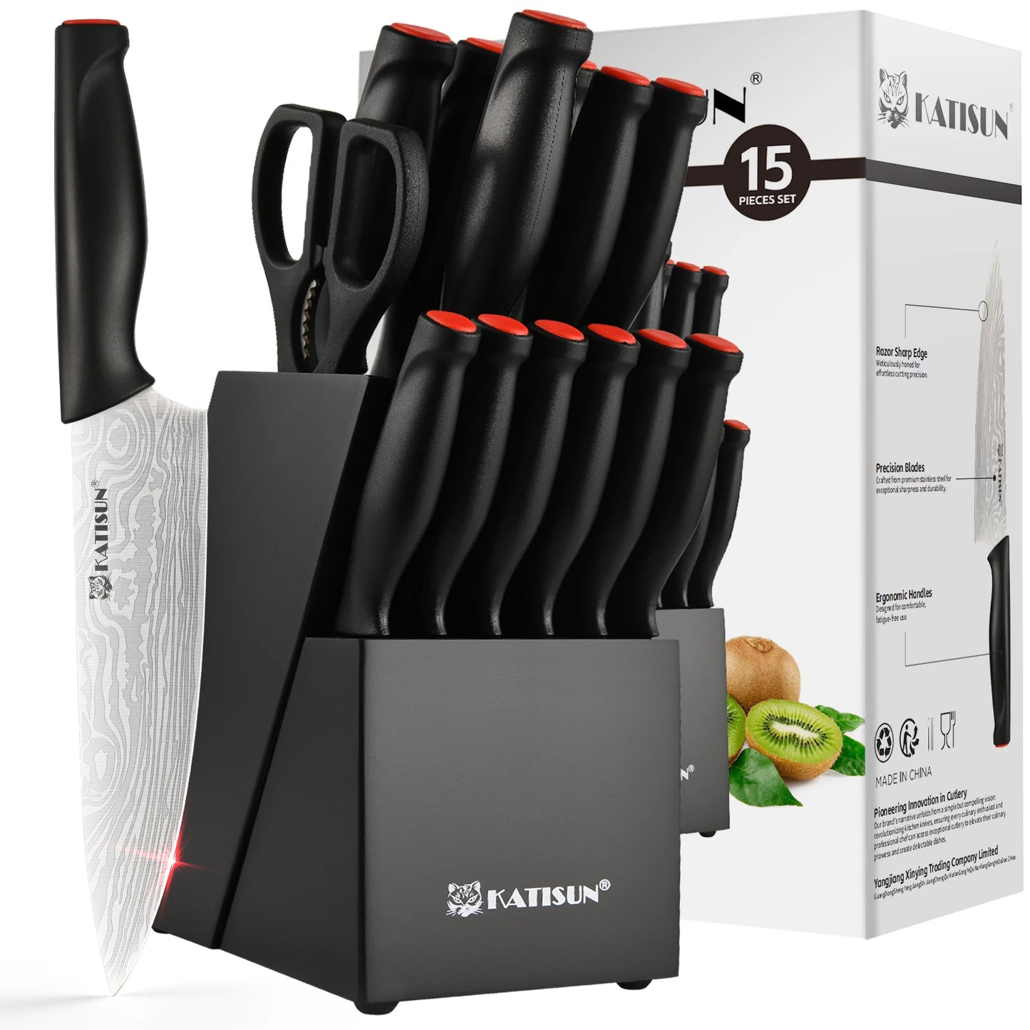 Katisun Damascus Pattern 15-Piece Knife Block Set With Sharpener