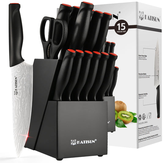 Katisun Damascus Pattern 15-Piece Knife Block Set With Sharpener